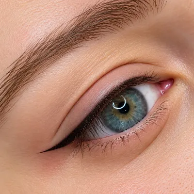 Dettaglio di un occhio verde con eyeliner nero grafico alato